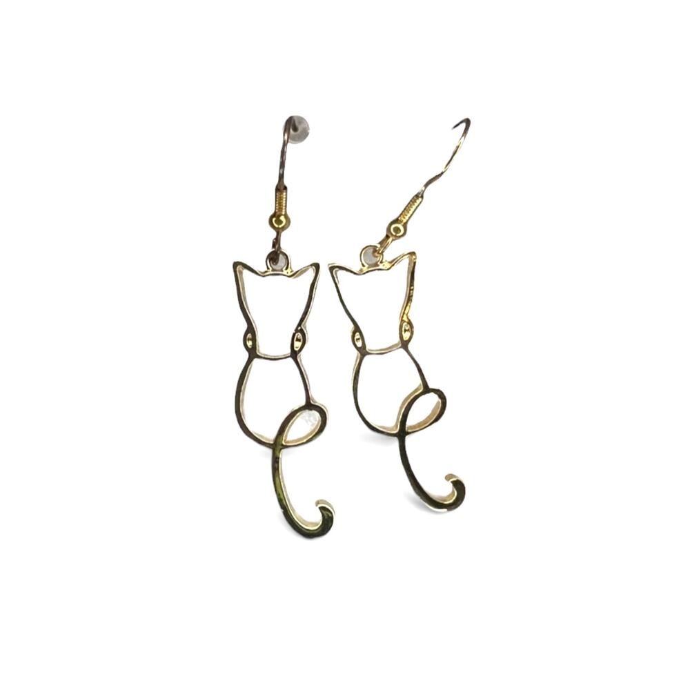 Cat Silhouette Dangle Earrings Gold Minimalist Open Outline Catlady Classic
